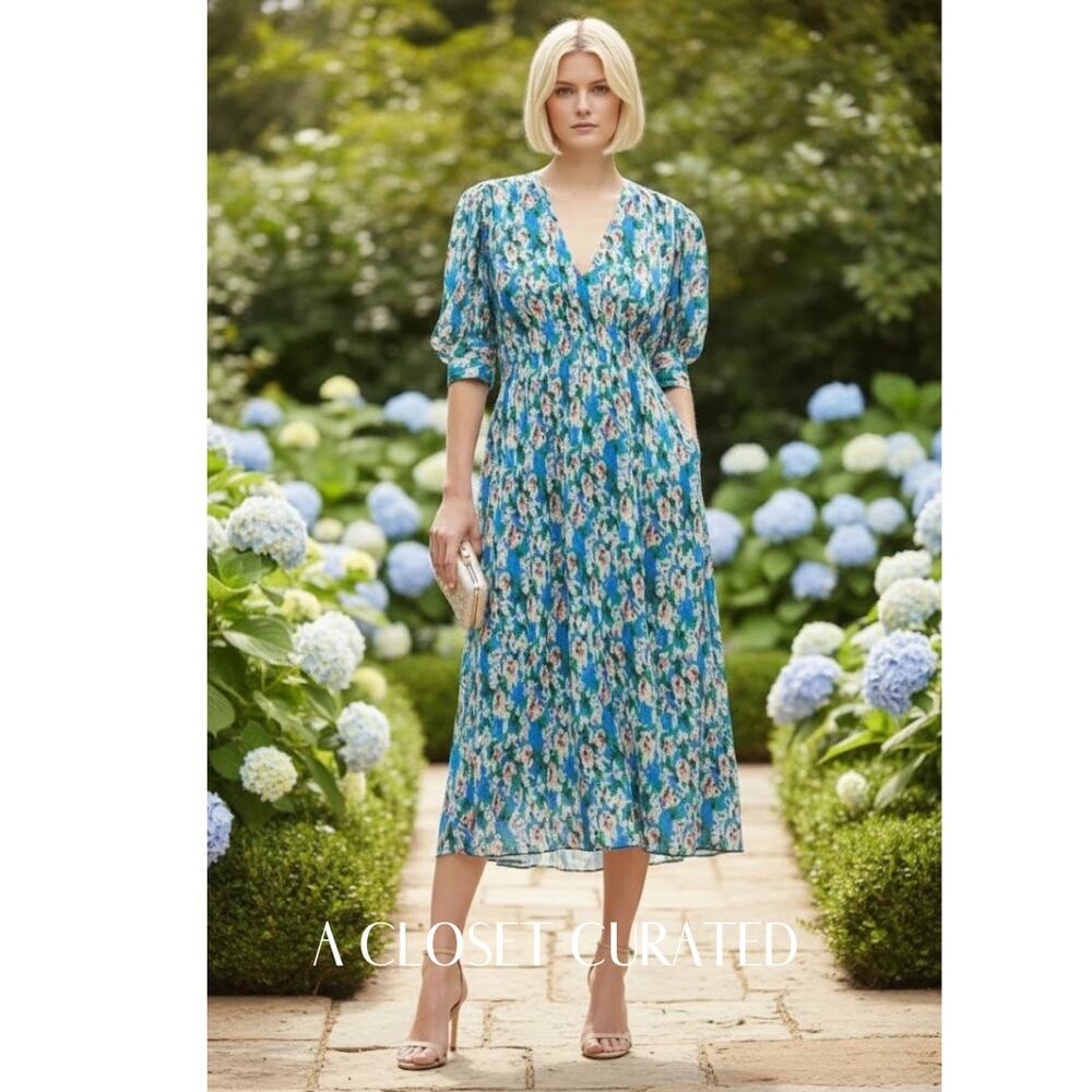 GANNI Floral Azure Midi Dress Large Blue NEW